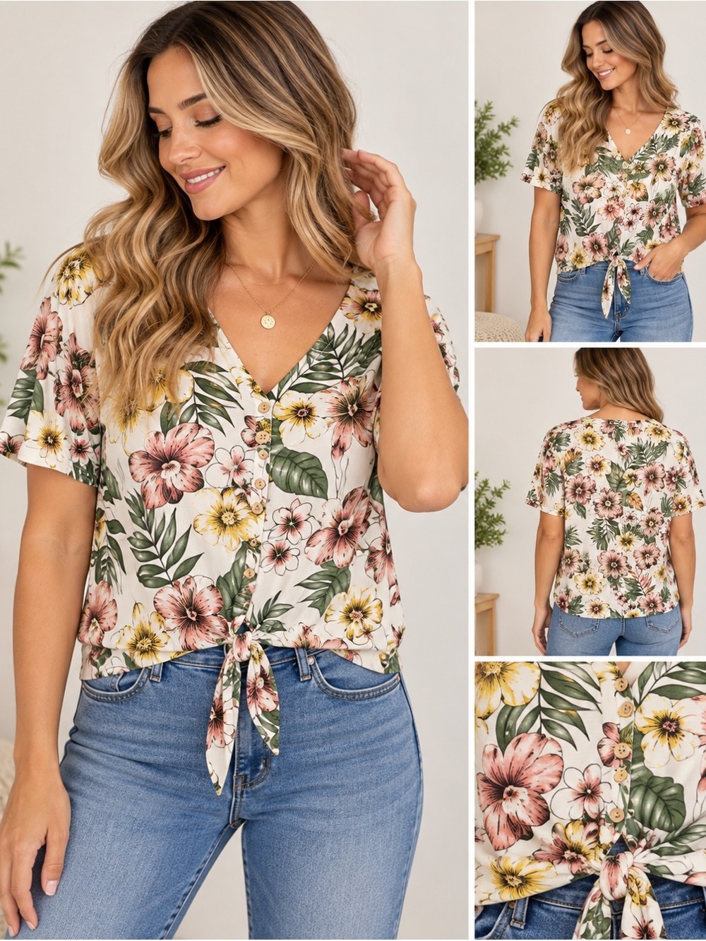 Late August XL Floral Tropical Tie Front V Neck Blouse Stretch Top